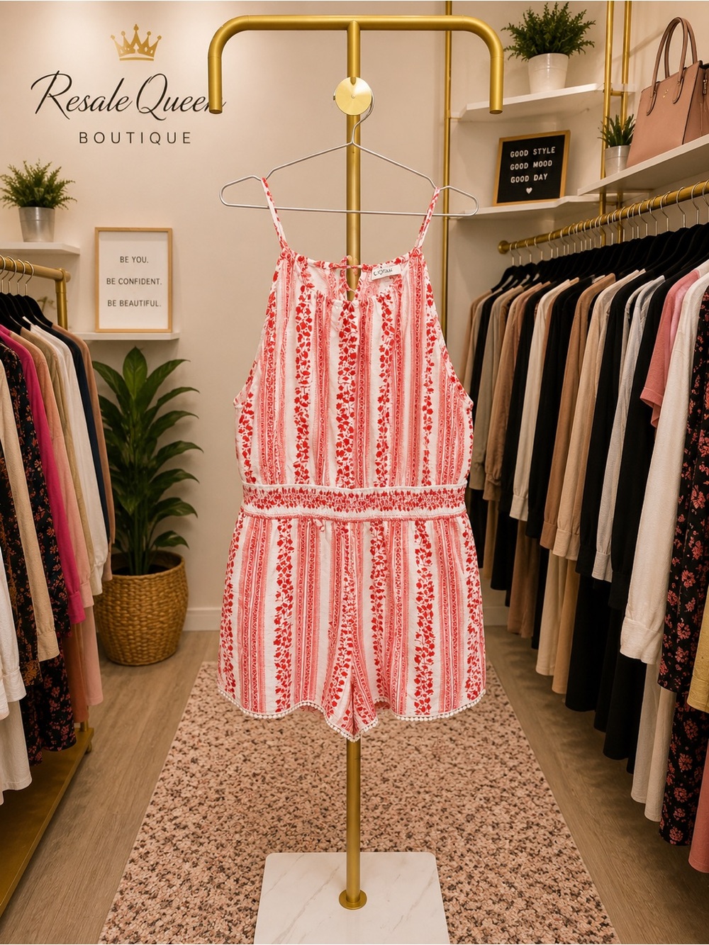 Cupshe Red & White Striped Floral Romper
